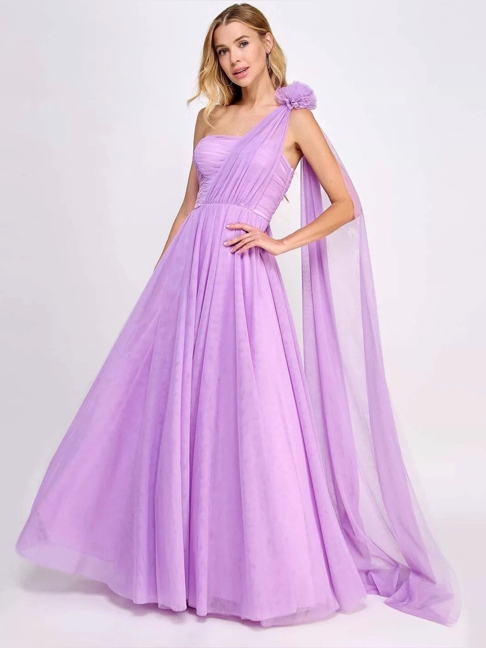 City Studio Lavender One-Shoulder Chiffon Gown